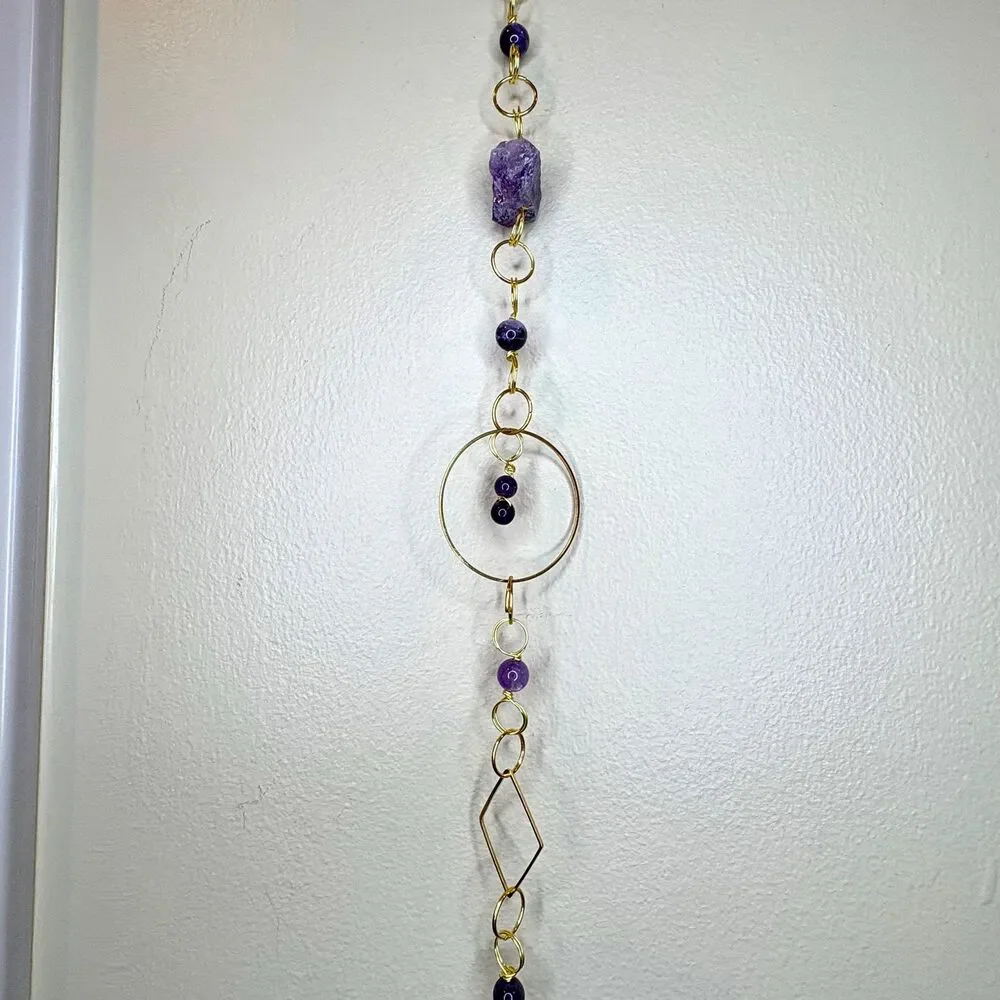 Raw Amethyst and Amethyst Bead Gemstone Wall Hanging Gold Filigree